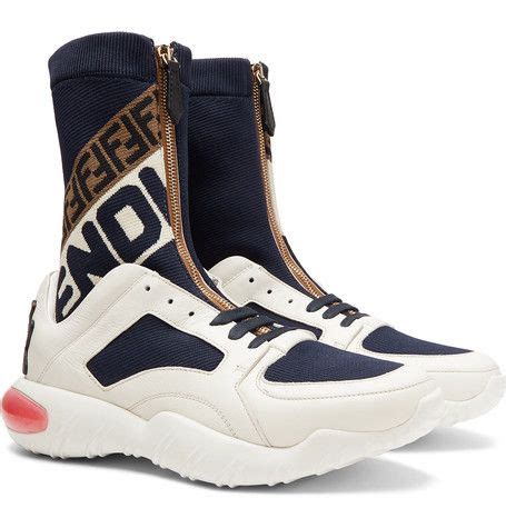 fendi logo-jacquard stretch knit-panelled leather high-top sneakers wearing|Fendi ladies sneakers.